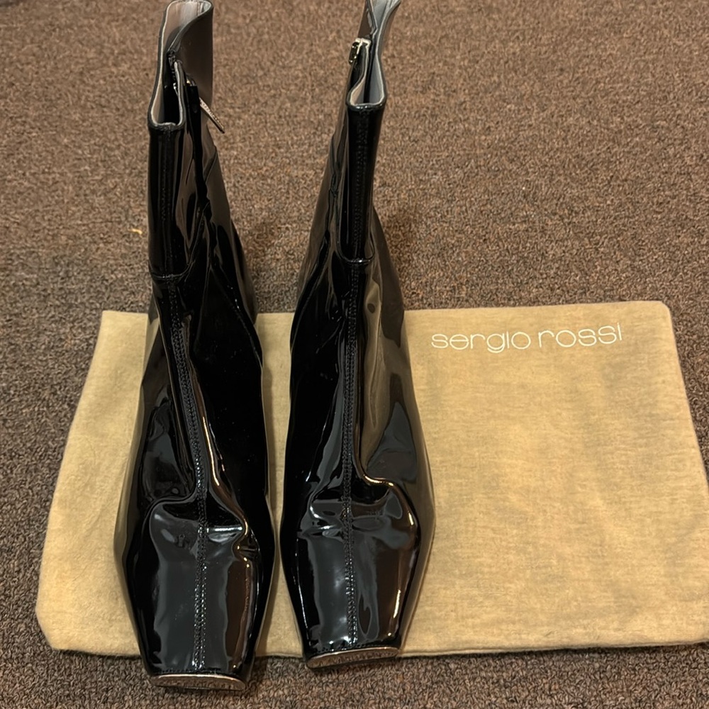 Sergio Rossi black patent flat boot with flat silver toe
